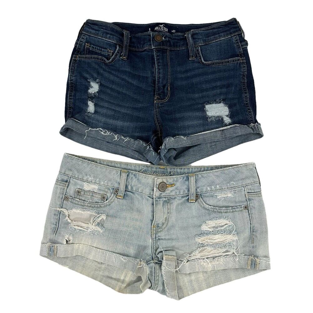 Lot American Eagle Hollister Jean Shorts Size 4 5 Denim Stretch Distressed Cuff